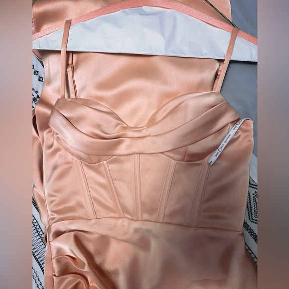 NWOT- Elayna Blush Strappy Satin Corset High Slit Gown - Picture 6 of 9